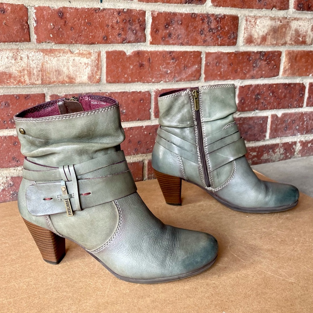 Pikolinos Green Gray Leather Heeled Ankle Boots Booties Size EU 38 US 7 Strappy